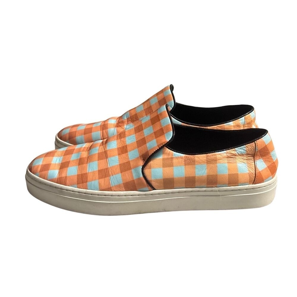 Diane von Furstenberg‎ Budapest Gingham Leather Slip-on Sneakers 7M Orange Blue